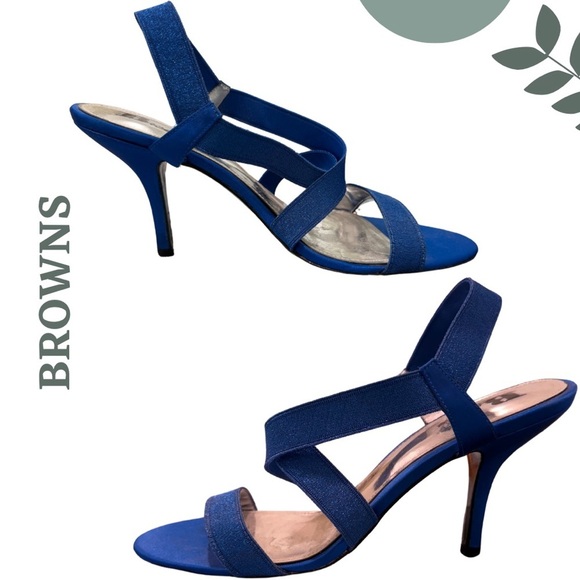 🛍️3/$40 BROWNS Blue Metallic Strappy Heels Elastic Glitter Straps – Size 8.5M - Picture 2 of 7